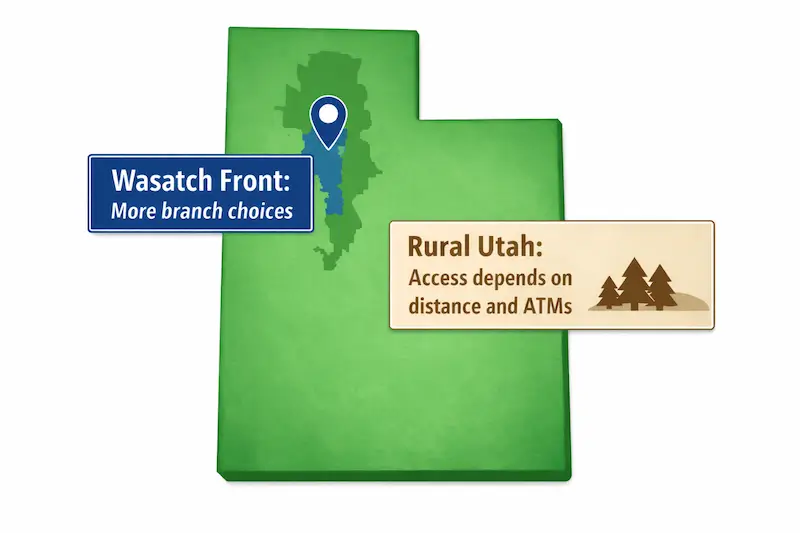 Utah map showing bank vs credit union branch and ATM access