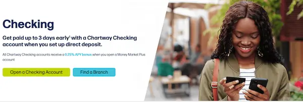 Chartway checking accounts page banner showing “Get paid up to 3 days early” with a “Open a Checking Account” button