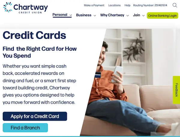 Chartway Credit Union credit cards page showing “Credit Cards” header and “Apply for a Credit Card” button