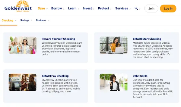 Screenshot of Goldenwest Credit Union checking account options