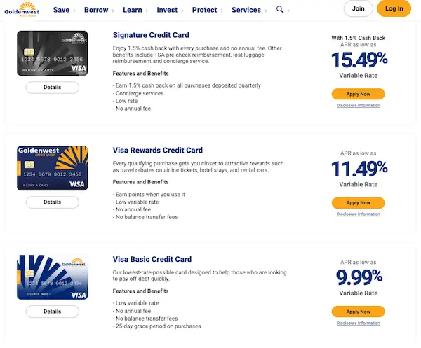 Screenshot of Goldenwest Credit Union Visa credit card options