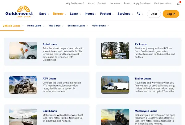 Screenshot of Goldenwest Credit Union vehicle and recreation loan options