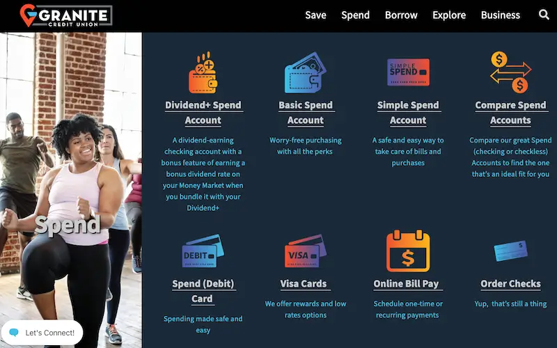 Granite Credit Union Spend page showing Dividend+ Spend, Basic Spend, and Simple Spend checking accounts