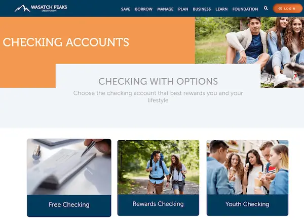 Wasatch Peaks Credit Union checking accounts showing Free Checking, Rewards Checking, and Youth Checking