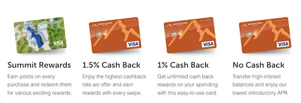 Wasatch Peaks Credit Union credit card lineup showing Summit Rewards, 1.5% Cash Back, 1% Cash Back, and No Cash Back