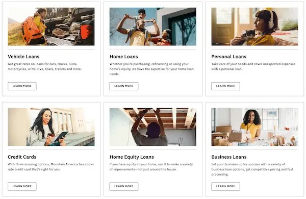 Mountain America Credit Union loan options including vehicle loans, home loans, personal loans, home equity loans, credit cards, and business loans
