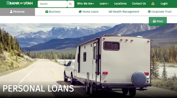 Bank of Utah Personal Loans page header with a truck towing an RV on a mountain highway