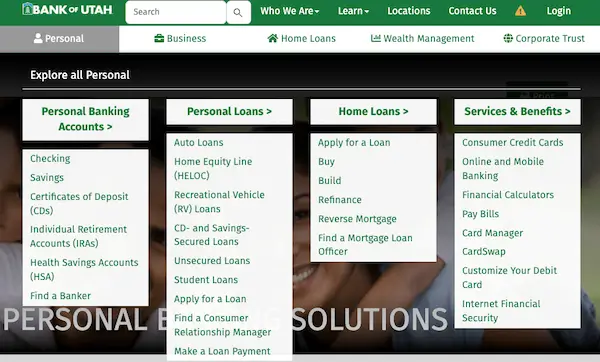 Bank of Utah website menu showing personal banking accounts, personal loans, home loans, and services