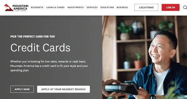 Mountain America Credit Union credit cards page highlighting Visa credit card options for rewards, cash back, and low-rate borrowing