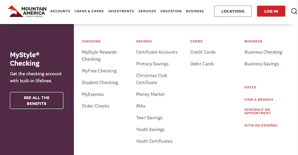 Mountain America Credit Union website showing checking accounts, savings accounts, credit cards, business banking, and certificate account options