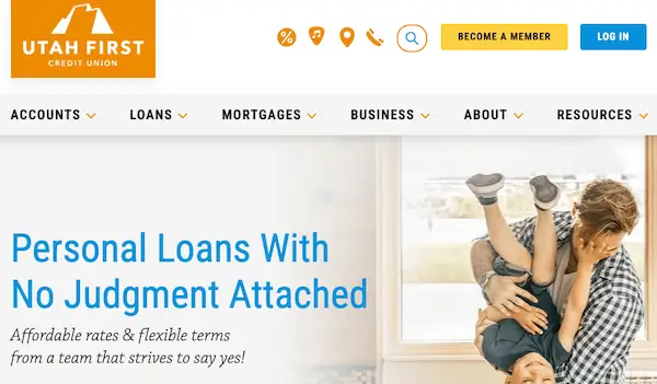 Utah First Credit Union personal loans page with message about flexible terms