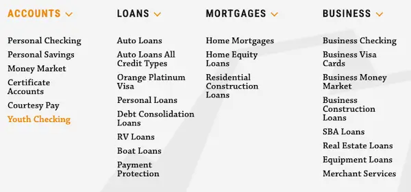 Utah First Credit Union products and services menu showing accounts, loans, mortgages, and business options