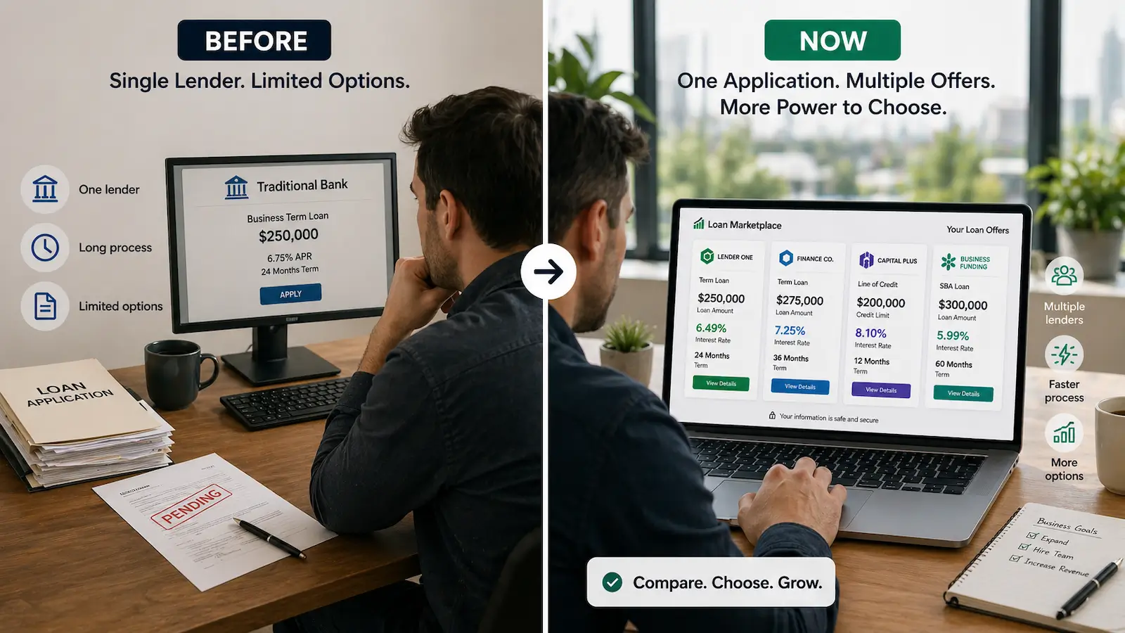 Before and after comparison of small business lending showing single lender versus marketplace with multiple loan offers