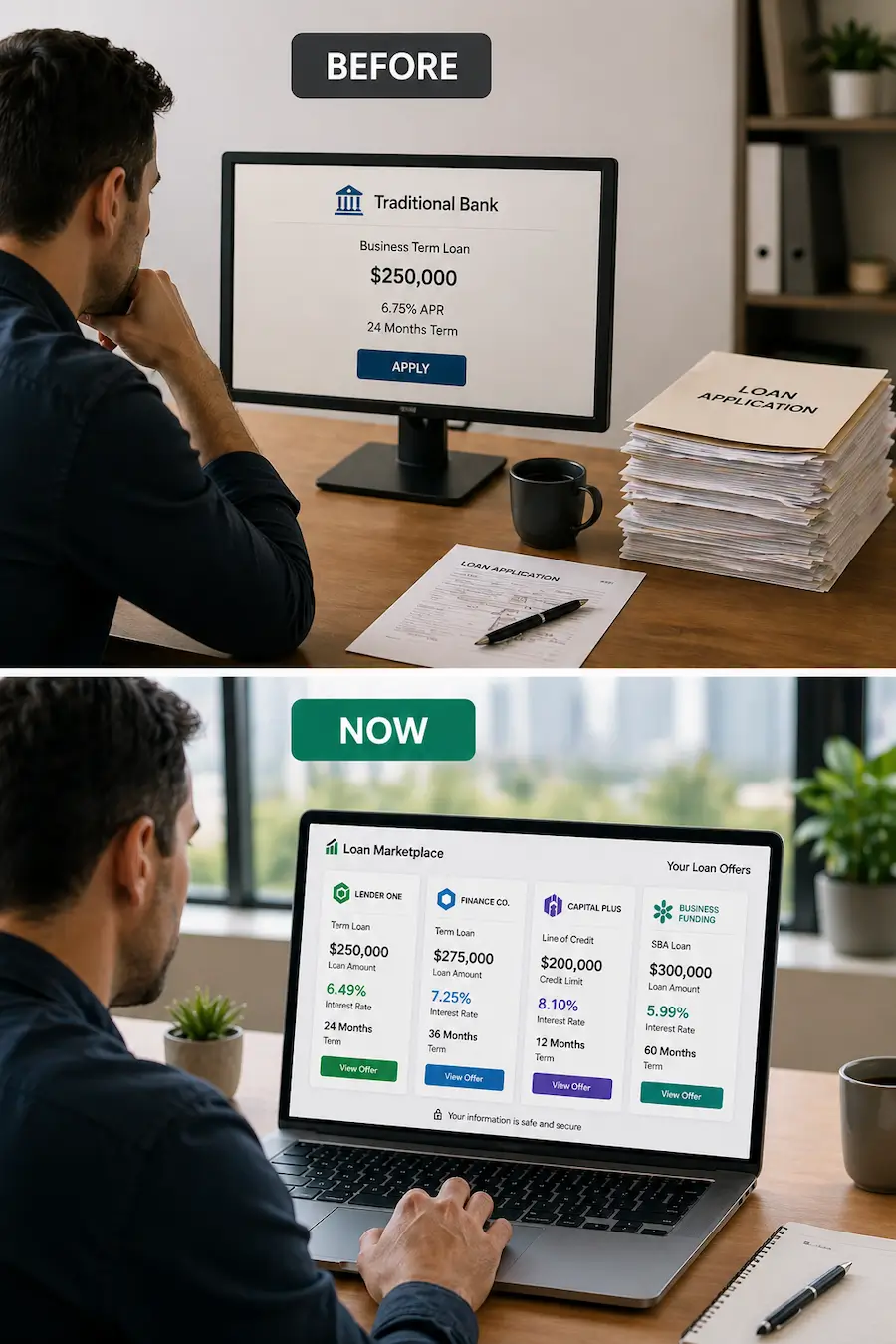 Before and after comparison of small business lending showing single lender versus marketplace with multiple loan offers