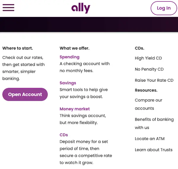 Ally Bank products menu showing spending, savings, money market, and CDs