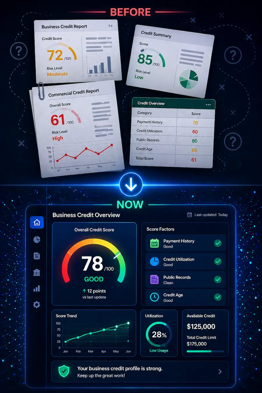 Before vs Now business credit showing multiple reports vs one dashboar