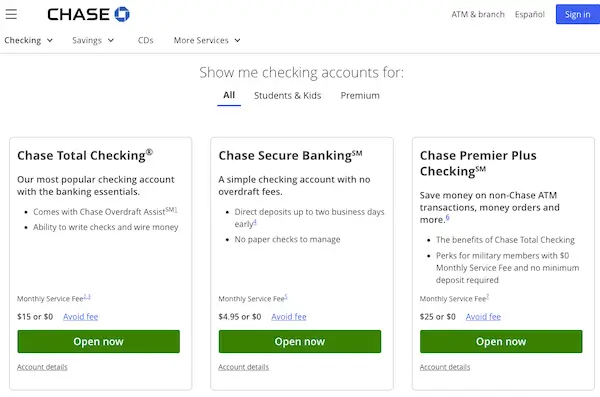 Chase Bank checking accounts including Total Checking, Secure Banking, and Premier Plus Checking