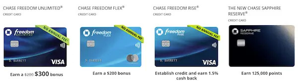 Chase Bank credit cards including Freedom Unlimited, Freedom Flex, Freedom Rise, and Sapphire Reserve