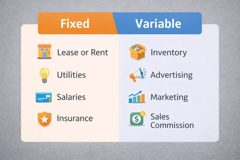 Comparison of fixed and variable startup costs for a business