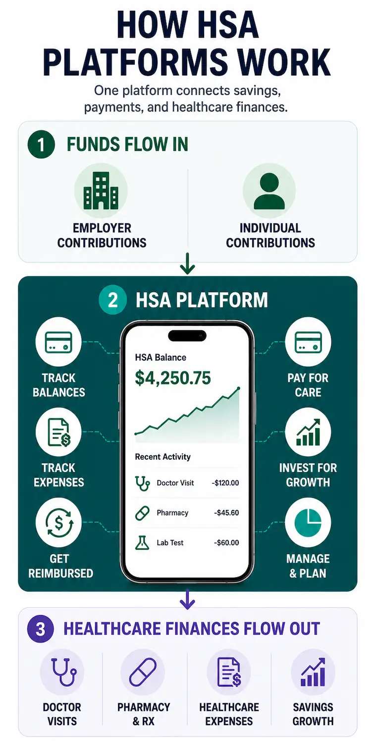 Mobile infographic explaining how HSA platforms manage healthcare savings and healthcare-related financial activity