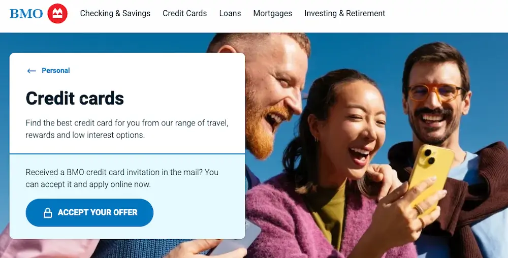 BMO credit cards webpage with BMO logo and Credit cards heading