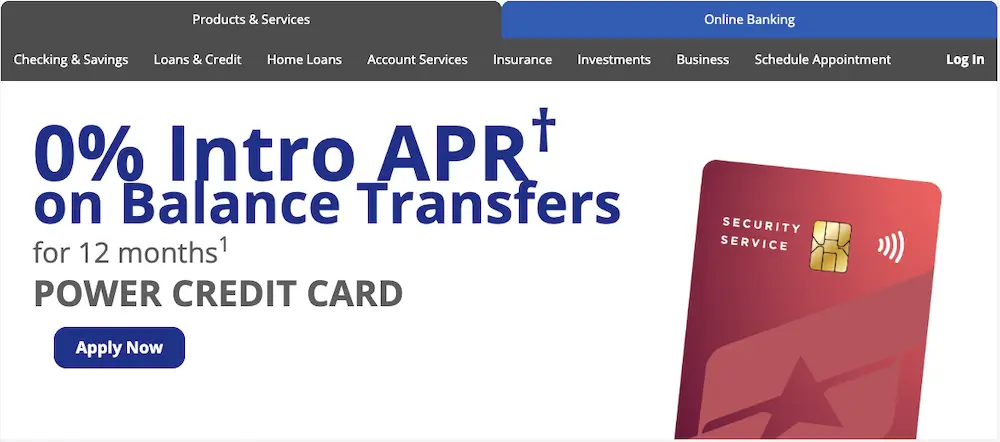 Security Service Power Credit Card displayed beside a balance-transfer offer