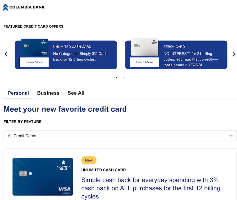 Columbia Bank credit card website displaying the Unlimited Cash Card, Zero+ Card, and personal credit card options.