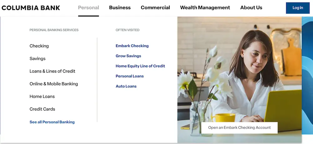 Columbia Bank website menu displaying personal checking, savings, loans, credit cards, home loans, and online banking services.