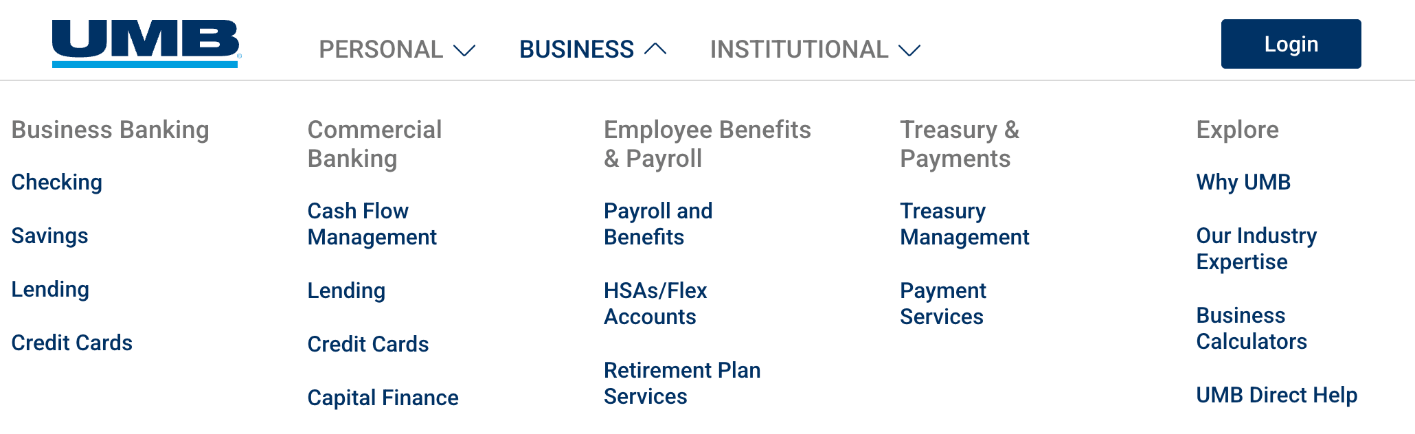 UMB Bank business banking menu showing checking accounts, savings, lending, credit cards, treasury management, and payment services.