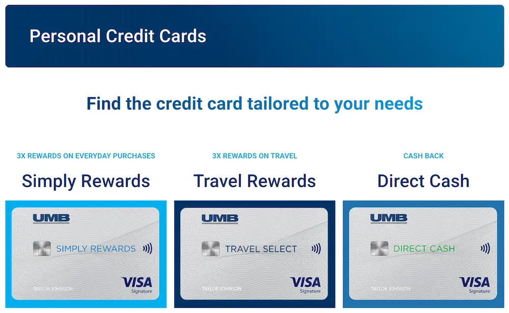 UMB Bank Simply Rewards, Travel Select, and Direct Cash Visa Signature credit cards displayed on the official website.
