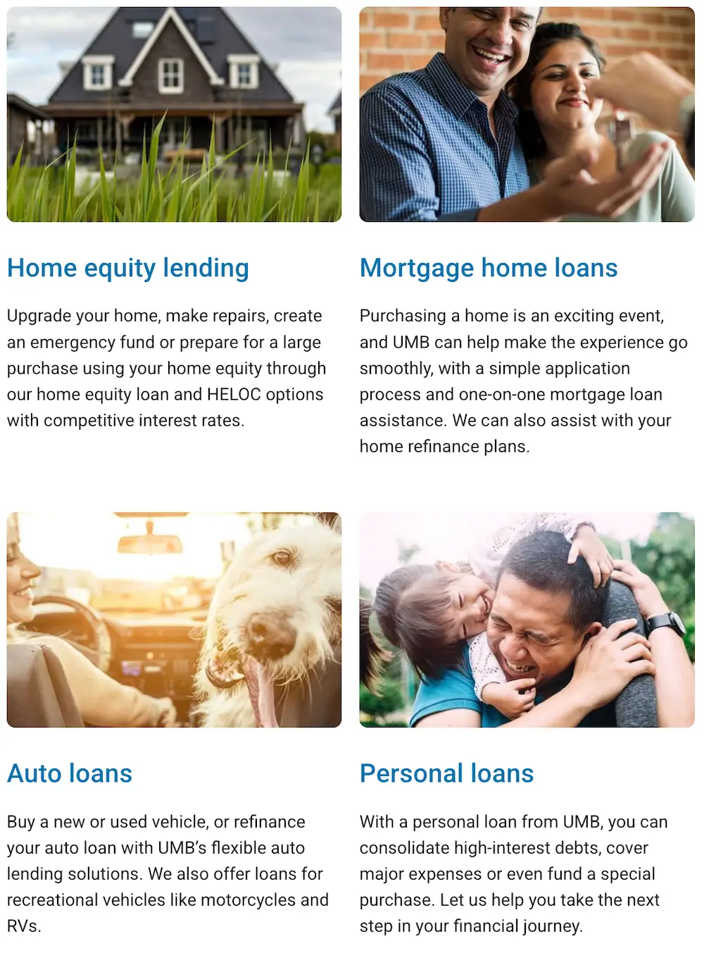 UMB Bank lending webpage showing home equity loans, mortgage loans, auto financing, and personal loans.