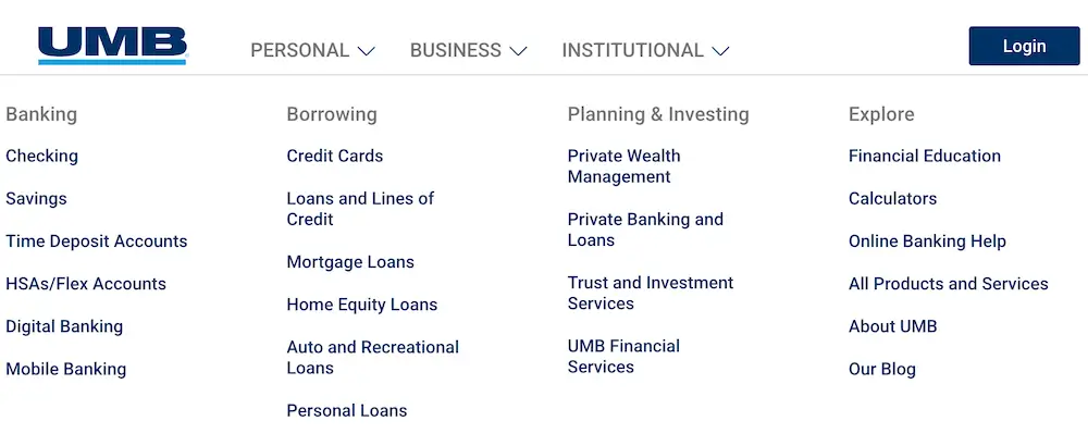 UMB Bank personal banking menu showing checking, savings, credit cards, loans, mortgages, and wealth management services.