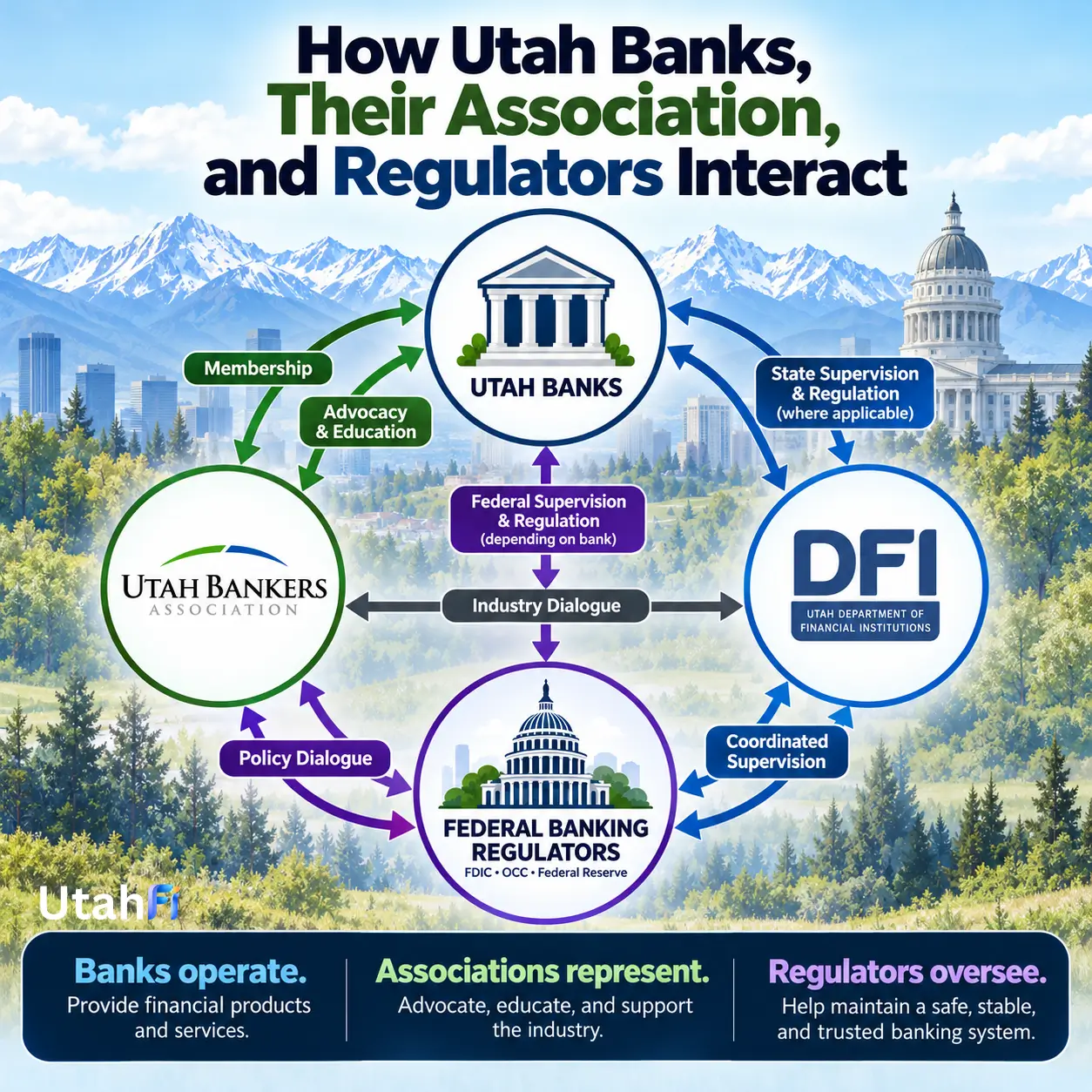Infographic showing how Utah banks interact with the Utah Bankers Association, the Utah Department of Financial Institutions, and federal banking regulators