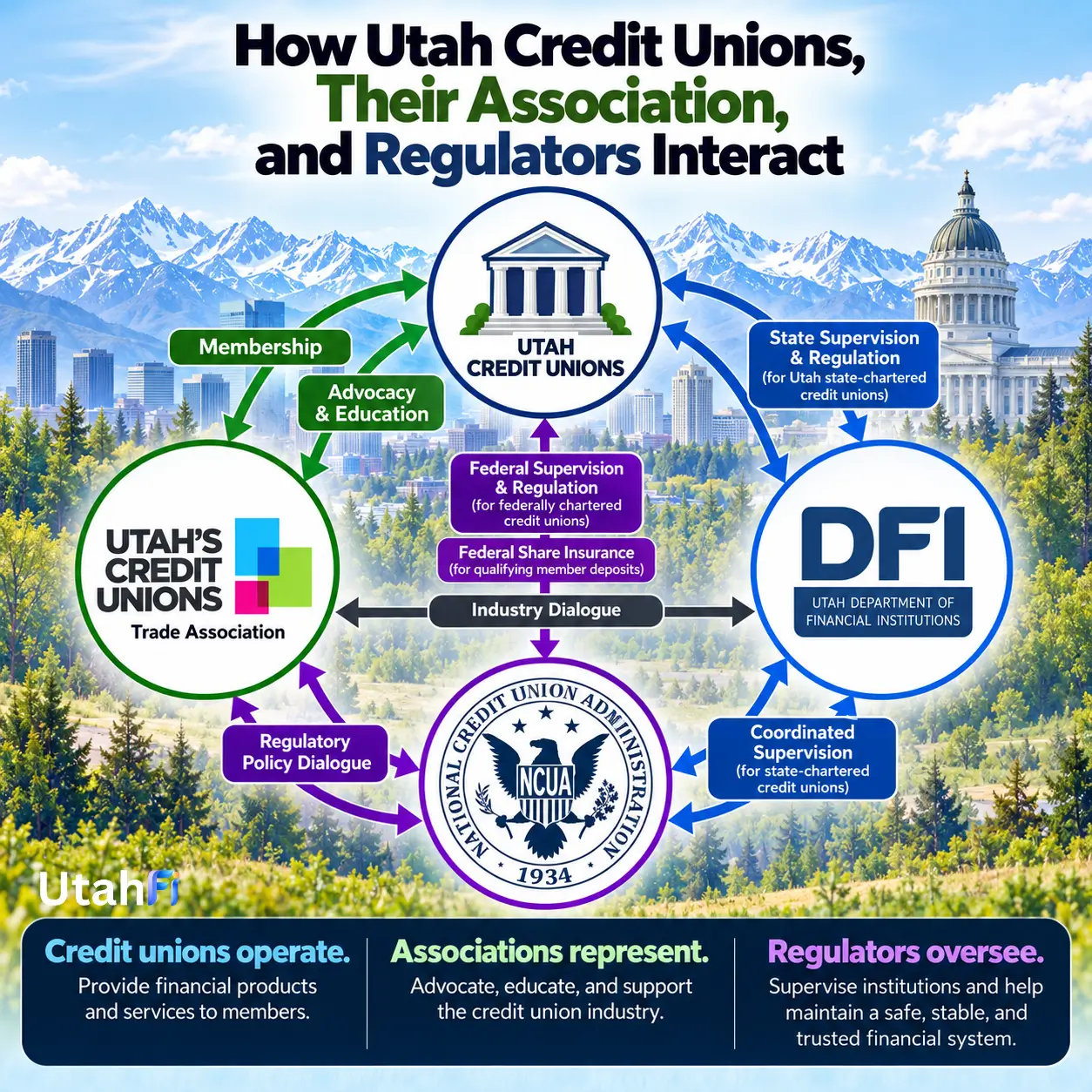 nfographic showing relationships between Utah credit unions, Utah's Credit Unions trade association, Utah DFI, and NCUA.